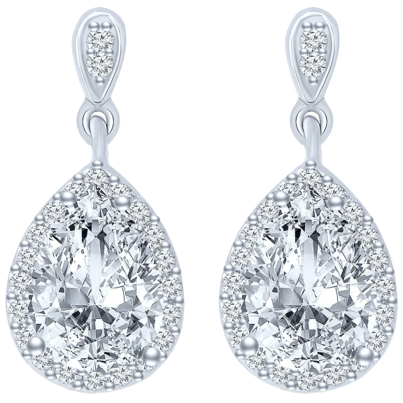 Genevive Rhodium Plated Clear Pear Round Cubic Zirconia Halo Teardrop Earrings