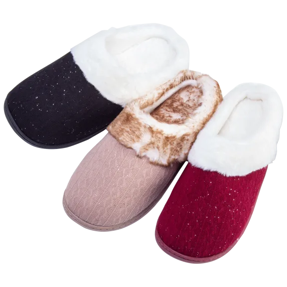 Goldtoe Women's Sparkle Knit Slippers with Tipped Faux Fur Collar