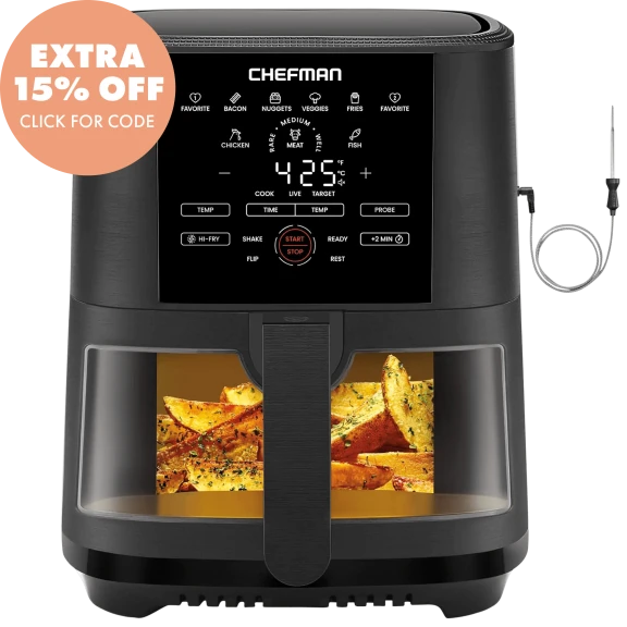 Chefman 5-Quart Turbotouch Easy View Air Fryer W/8 Presets And Probe