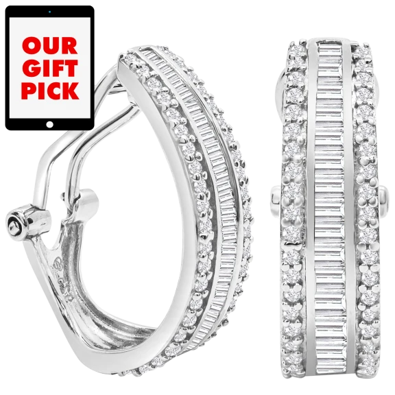 Baguette & Round 1.0 Carat TW Colorless Diamond Hoop Earrings in Sterling Silver