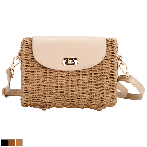 La Terre Hand Crafted Woven Straw Crossbody With Vegan Leather