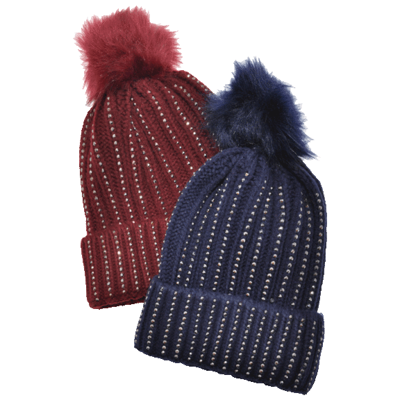 2-Pack: Angelina Pom-Pom Knit Beanies with Rhinestone Accent Design
