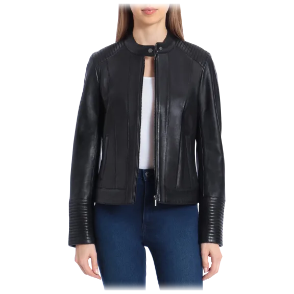 Badgley Mischka Genuine Lamb Leather Quilted Moto Jacket
