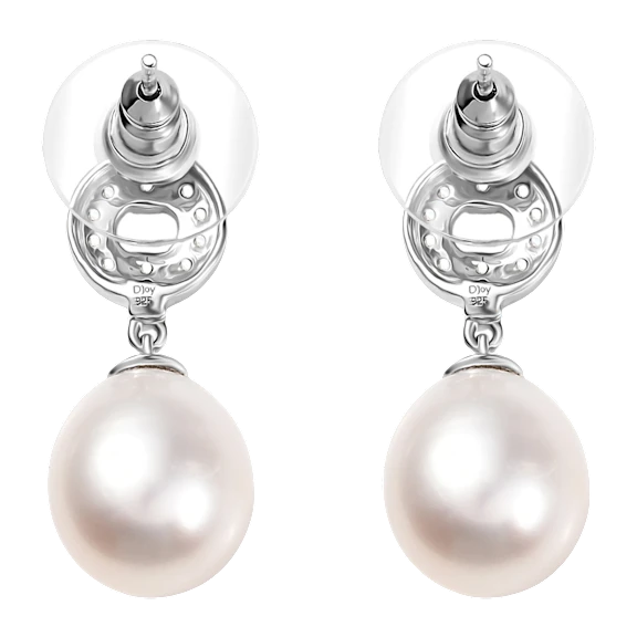 D'Joy Freshwater Pearl & White Zircon Sterling Silver Earrings 0.50ctw