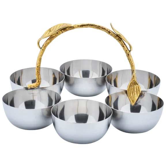 Cheer Collection Polished Stainless Steel Six Serving Bowls with Leaf Handle