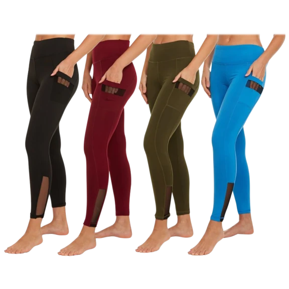 4-Pack: Nextex Women's High-Waist Mesh Detail Active Leggings with Pockets