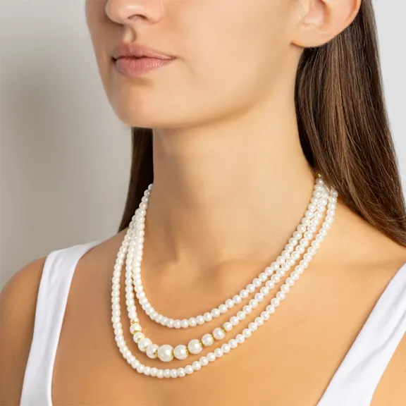 Martha Stewart Three Strand Pearl and Ball Gold Necklace
