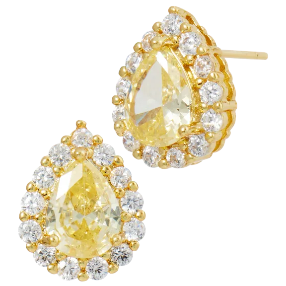 Savvy Cie 18K Yellow Gold Plate Canary Halo Pear Shape Stud