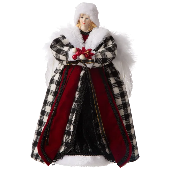 Glitzhome 12"H Black&White Plaid Angel Tree Top