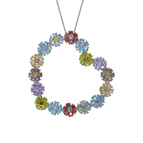 Brightly Colorful Genuine Gemstones Flower Heart Pendant
