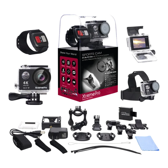 XtremePro 4K Ultra HD Action Camera with Wrist Remote and Accessory Bundle