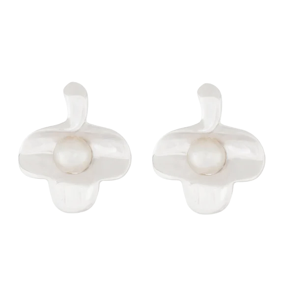 White Pearl Stud Earrings in Silver