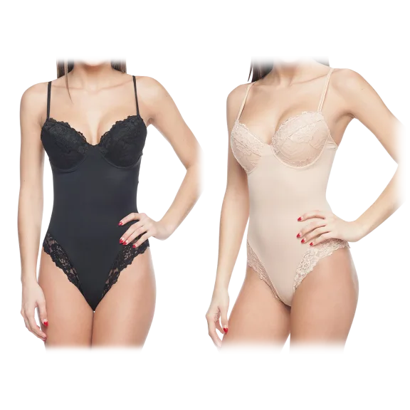 Body Beautiful Silky Bodysuit Shaper with Built-In Wire Bra and Lace Trims