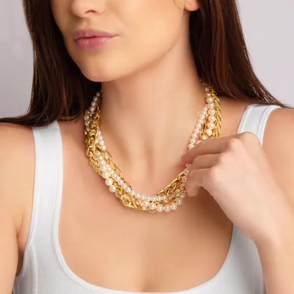 Martha Stewart Four Twisted Strand Pearl and Chain Necklace Gold 18-21"