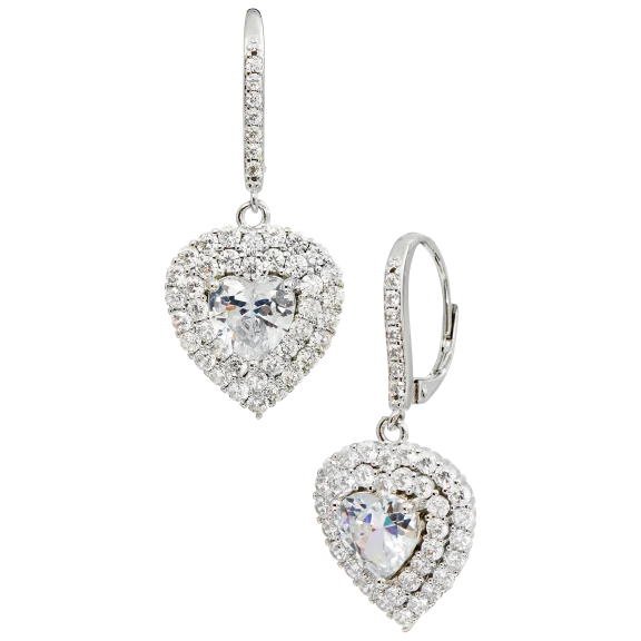 Savvy Cie Rhodium Plated Cz Heart Drop Dangle Earrings