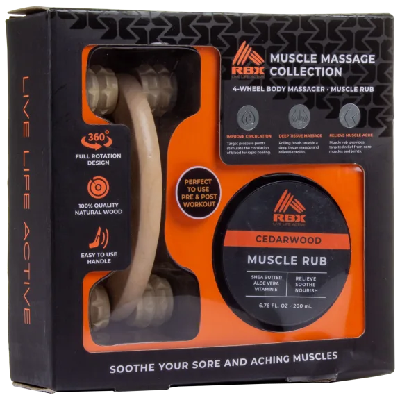RBX 4-Wheel Wooden Muscle Massage Roller with Cedarwood Muscle Rub