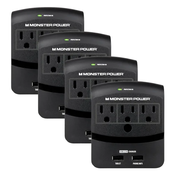 4-Pack: Monster Core Power 350 Triple Wall Outlet with 2.1A USB