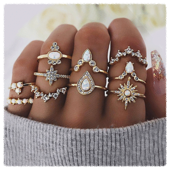 Golden NYC Jewelry White CZ & Opal Ring Set (10-Piece or 6-Piece)