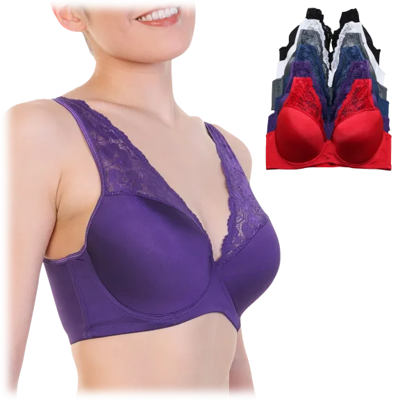 6-Pack: Angelina Wired, Padded D, DD, or DDD-Cup Bras with Lace Accent Straps