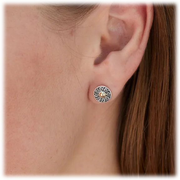 Savvy Cie 18K Solid Gold And Sterling Elaborate Balinese Circle Stud Earring