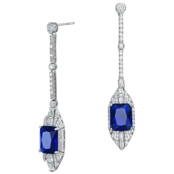 Genevive Elegant Sterling Silver Cubic Zirconia Dangle Earrings - Blue Square