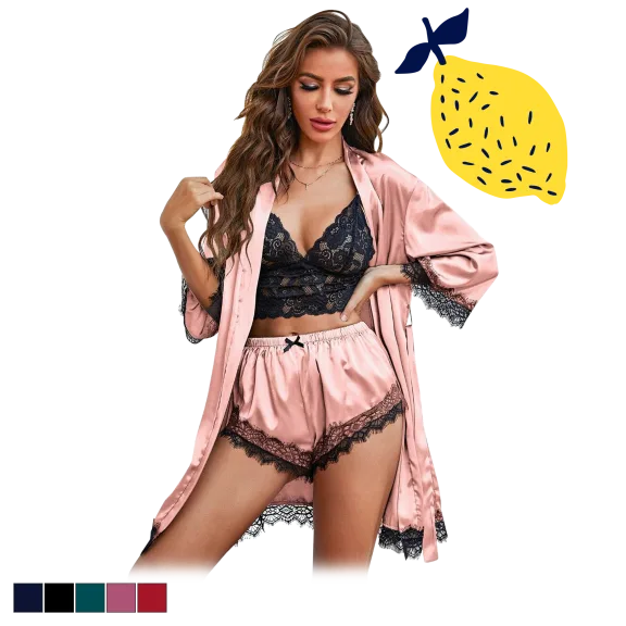 4-Piece: Ciana Women's Lace Satin Pajama Lingerie Set
