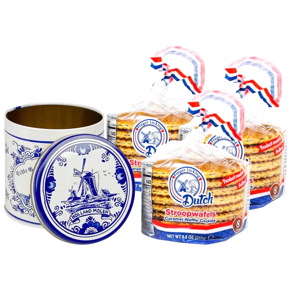 24-Count Finger Licking Dutch Caramel Stroopwafels with Blue Dutch Tin