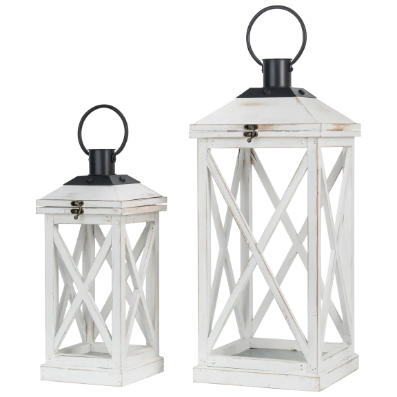 2-Pack: Glitzhome Wash White Farmhouse Modern Wooden Lanterns