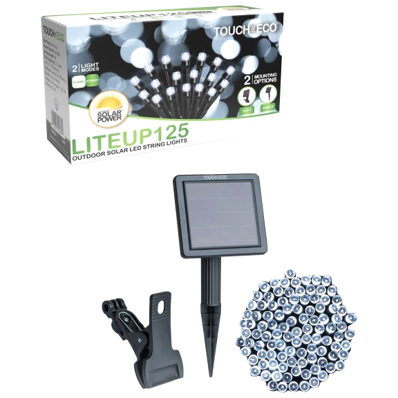 Touch of Eco Solar Powered 125 LED String Lights Cool White 1 or 2-Pack