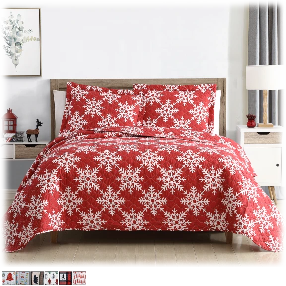 Spirit Linen Home 3-Piece Holiday Graphics Stitched Oversize Quilt Set
