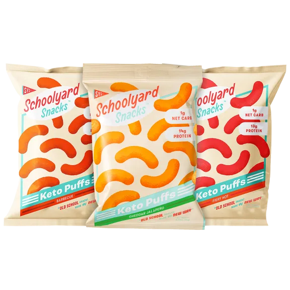 24-Pack of Schoolyard Snacks Low Carb Keto Puffs (Hot, BBQ or Cheddar Jalapeño)