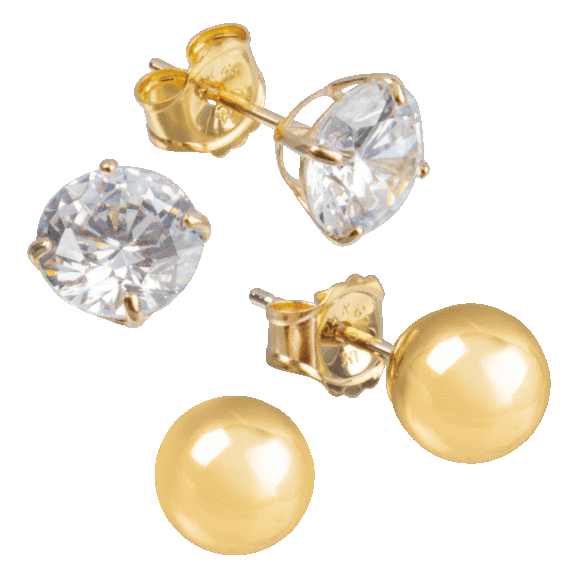 A&M 14K Yellow Gold 6mm Ball Stud and Cubic Zirconia Earring Set