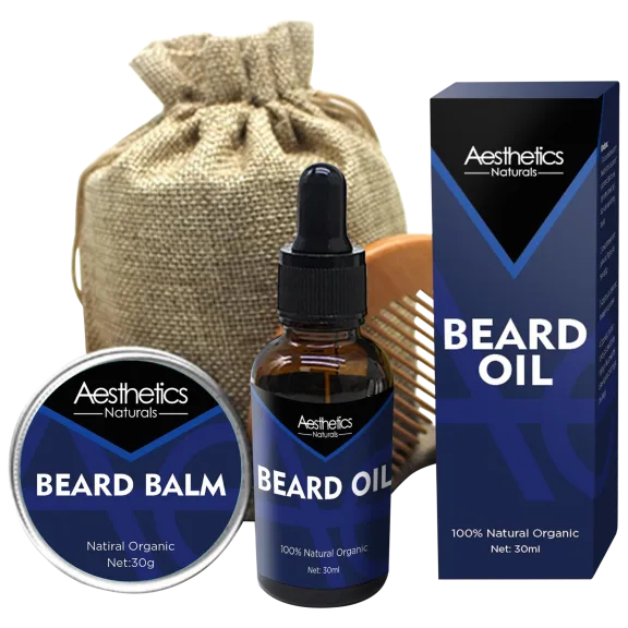 4-Piece Set: Aesthetics Naturals Beard Grooming Set with Oil, Balm, and Comb
