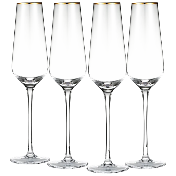 4-Piece: Berkware Tall Champagne Flutes with Gold Tone Rim