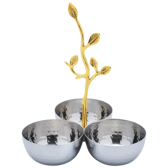 Cheer Collection Polished Stainless Steel Three Sectional Bowl with Leaf Handle
