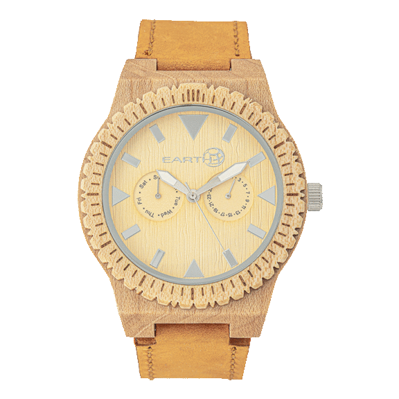 Earth Wood Hyperion Leather-Band Watch with Day/Date