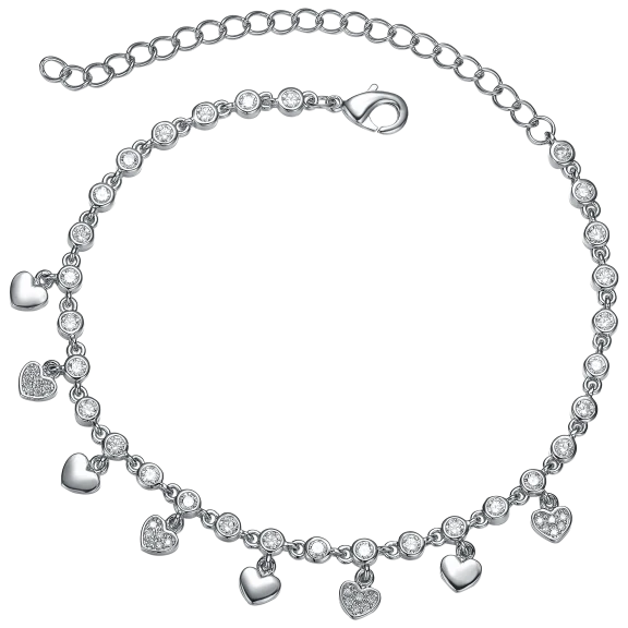 Megan Walford 9.25" Adjustable Heart Anklet in White Gold-Plated with CZ Stones