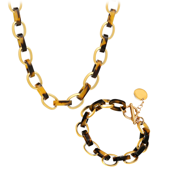 Steeltime Ladies 18k Gold Plated Tortoise Shell Chain Necklace & Bracelet Set