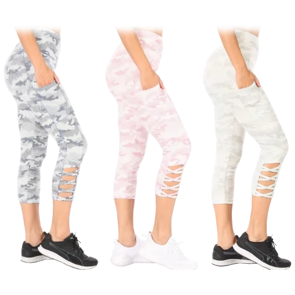 3-Pack: Nextex Apparel Women's Tummy Control Capri Leggings With Pockets