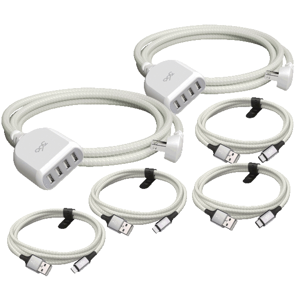 2-Pack: 360 Electrical 4-Port USB Hub with Braided Cord and Charging Cables