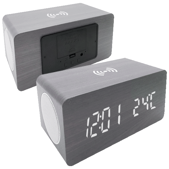 ZTech Wood Finish Alarm Clock with Wireless Phone Charger and Speaker