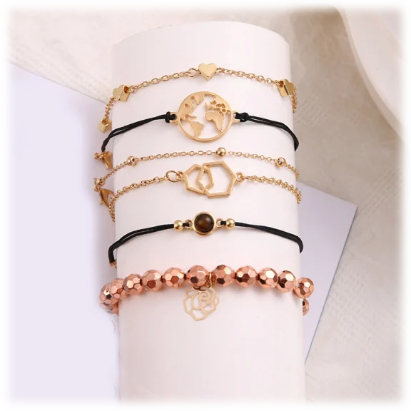 Golden NYC Jewelry 6-Piece Rose Gold Chakra & Mineral Bracelet Set