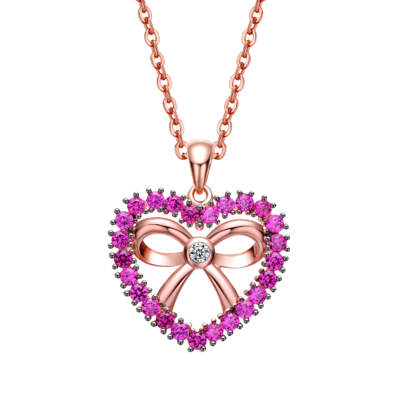 Genevive Sterling Silver Rose Gold Heart-Bowtie Pendant Necklace