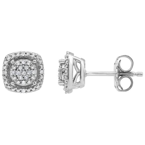 Diamond Muse 1/10 Carat TW Cushion Frame Round Genuine Diamond Stud Earrings