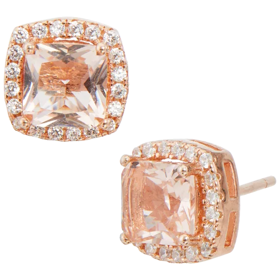 Savvy Cie 18K Rose Gold Halo Cushion Morganite Cubic Zirconia Stud Earrings