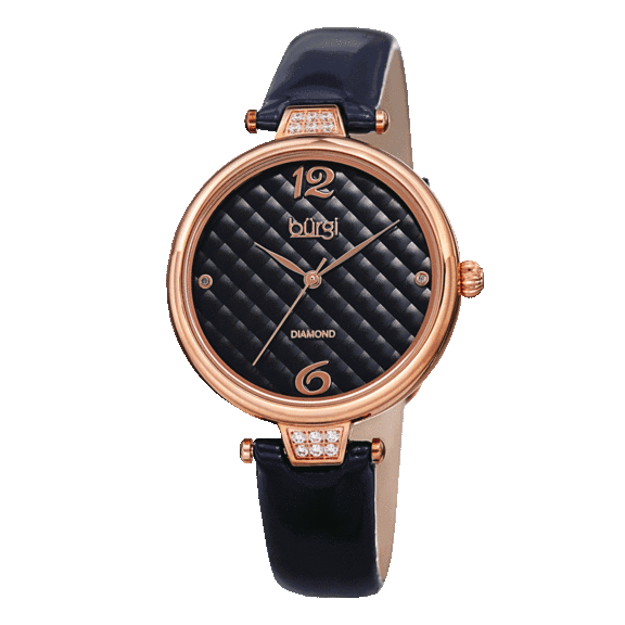 Burgi Diamond Argyle Glossy Leather Strap Watch