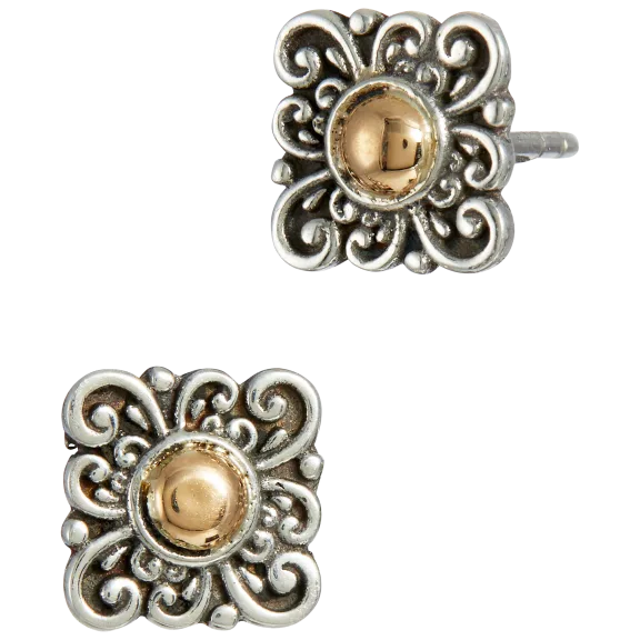 Savvy Cie 18K Gold and Sterling Silver Bali Cushion Shape Stud Earrings