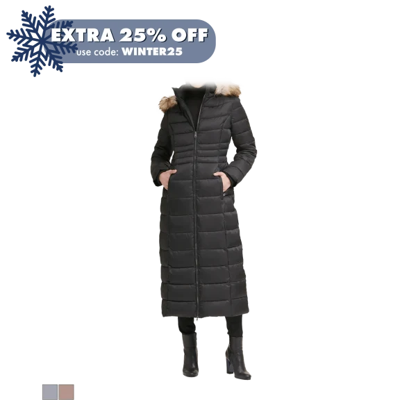 Kenneth Cole Faux Fur Trim Hooded Down Puffer Maxi Coat