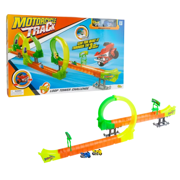 Super Toys 37-Piece High-Speed Triple Loop Tower Challenge Motorcycle Track
