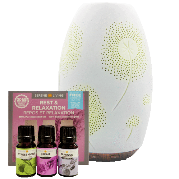 GreenAir Hand Crafted Ceramic Essential Oil Diffuser with Faux Flame & Oils